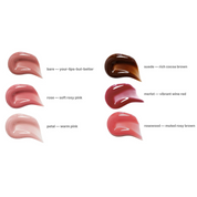 Color swatches of lipsticks labeled with names and descriptions on a white background